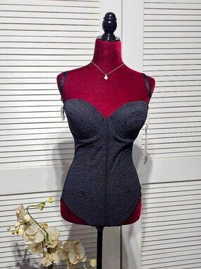 NWT Bali Women's Black Floral Lace Firm Control Slimming Bodysuit Size 36D 3174